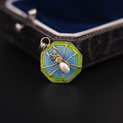 Silver Enameled Cultured Pearl Spider Pendant