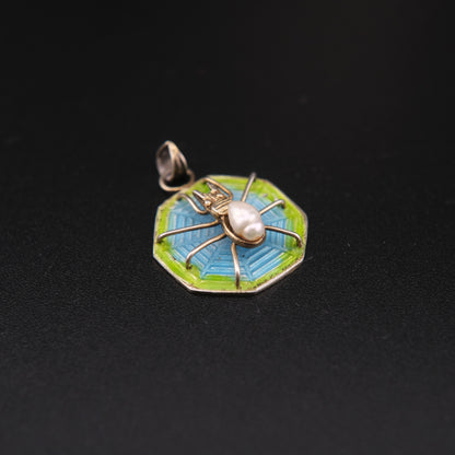 Silver Enameled Cultured Pearl Spider Pendant