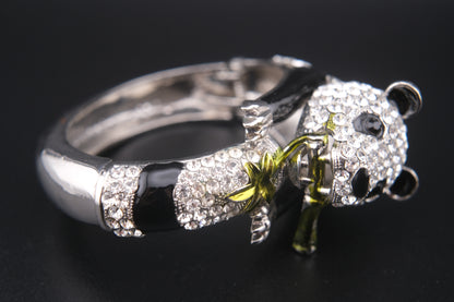 Vintage Rhinestone Panda Bracelet – Enamel Crystal Animal Bangle with Bamboo – Whimsical Avant Garde Jewelry