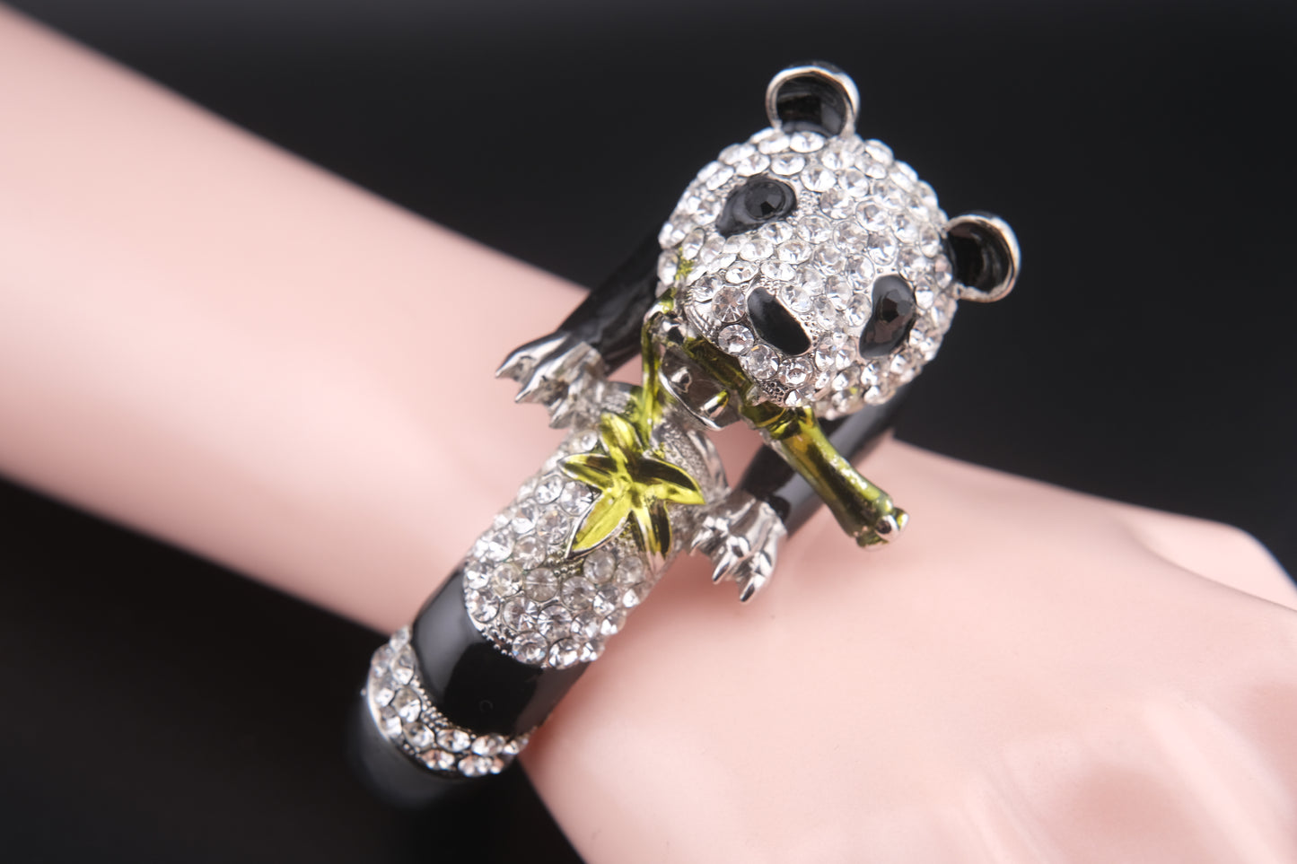 Vintage Rhinestone Panda Bracelet – Enamel Crystal Animal Bangle with Bamboo – Whimsical Avant Garde Jewelry