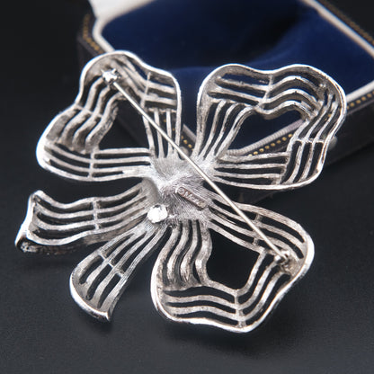 Vintage Monet Ribbon Bow Brooch – Silver-Tone Textured Finish