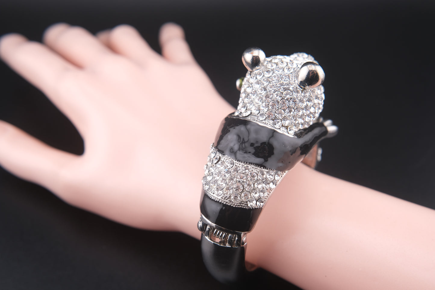 Vintage Rhinestone Panda Bracelet – Enamel Crystal Animal Bangle with Bamboo – Whimsical Avant Garde Jewelry