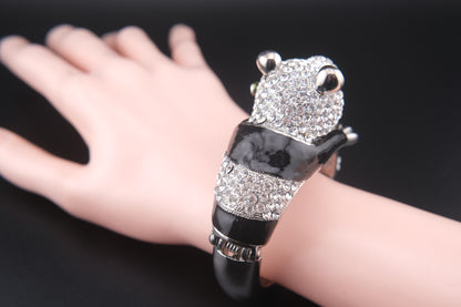 Vintage Rhinestone Panda Bracelet – Enamel Crystal Animal Bangle with Bamboo – Whimsical Avant Garde Jewelry