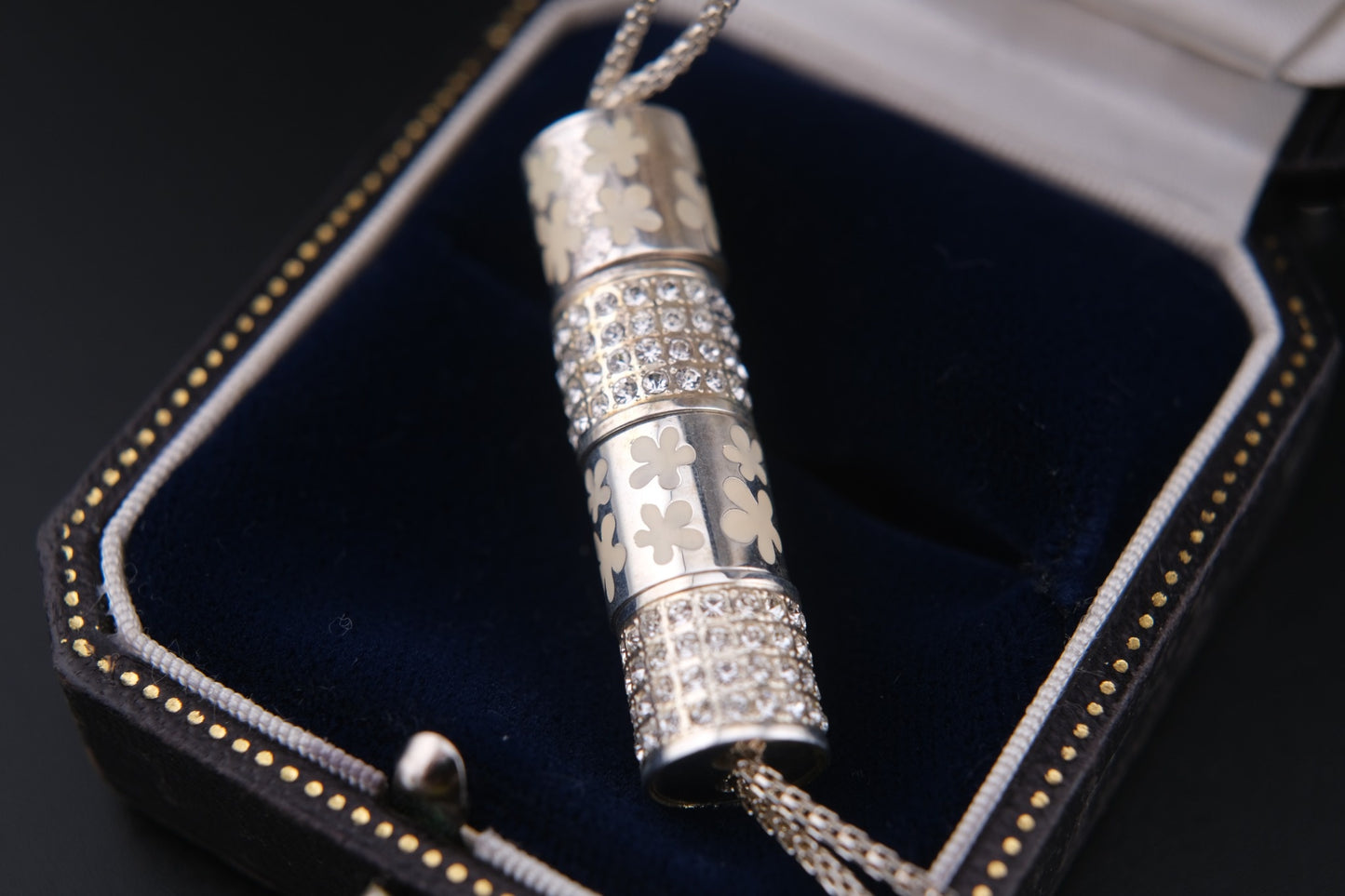 Vintage Folli Follie Silver Tone Lariat Necklace with Crystal and Enamel Floral Pendant – Adjustable Y Drop – Signed with Warranty Card