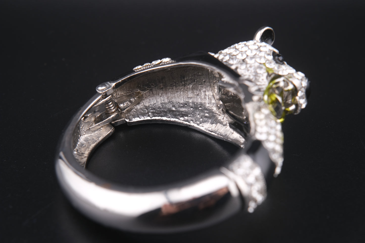 Vintage Rhinestone Panda Bracelet – Enamel Crystal Animal Bangle with Bamboo – Whimsical Avant Garde Jewelry