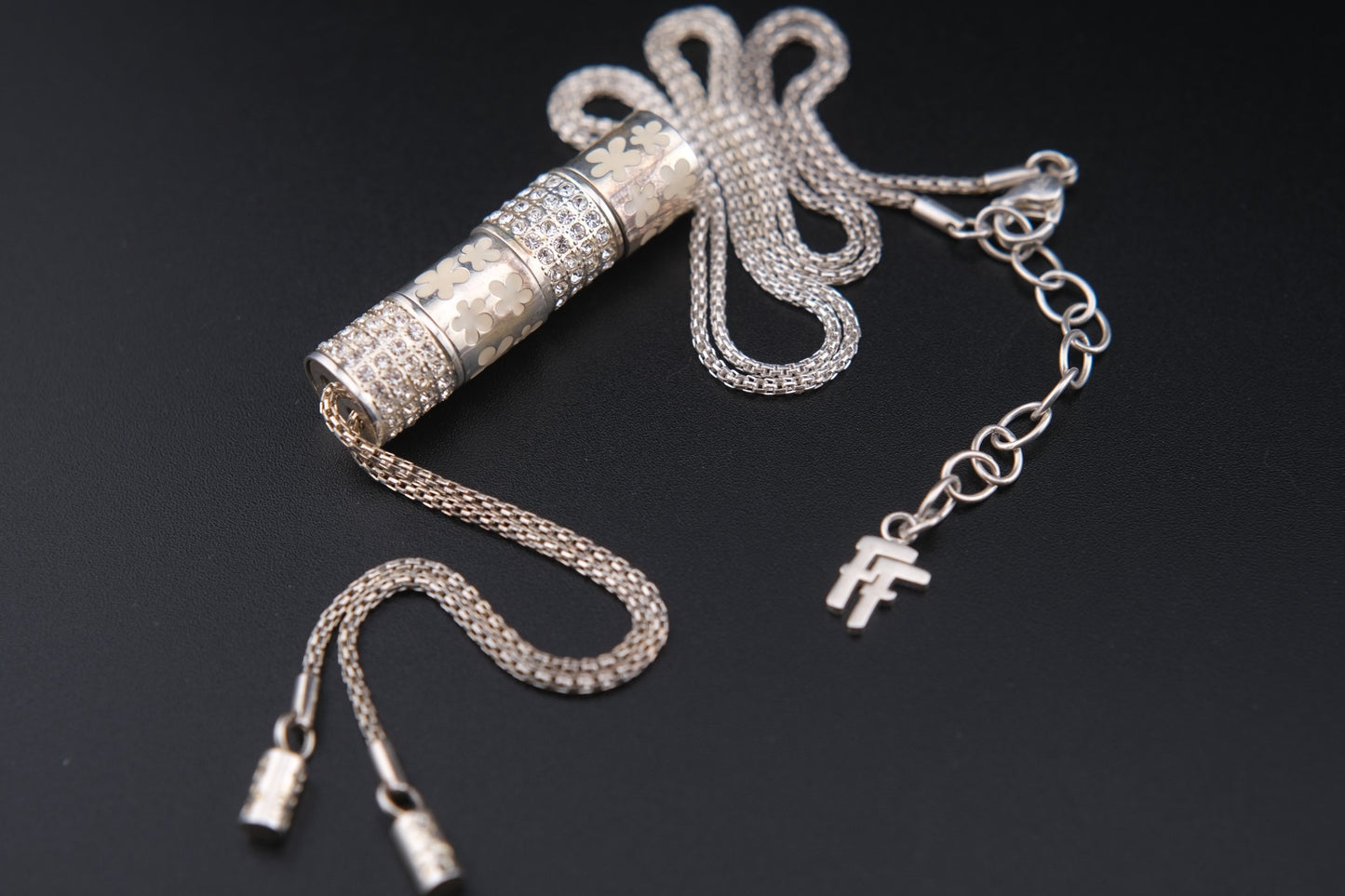 Vintage Folli Follie Silver Tone Lariat Necklace with Crystal and Enamel Floral Pendant – Adjustable Y Drop – Signed with Warranty Card