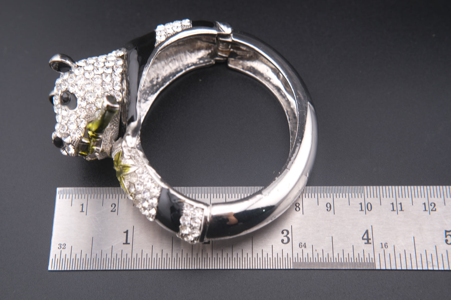 Vintage Rhinestone Panda Bracelet – Enamel Crystal Animal Bangle with Bamboo – Whimsical Avant Garde Jewelry