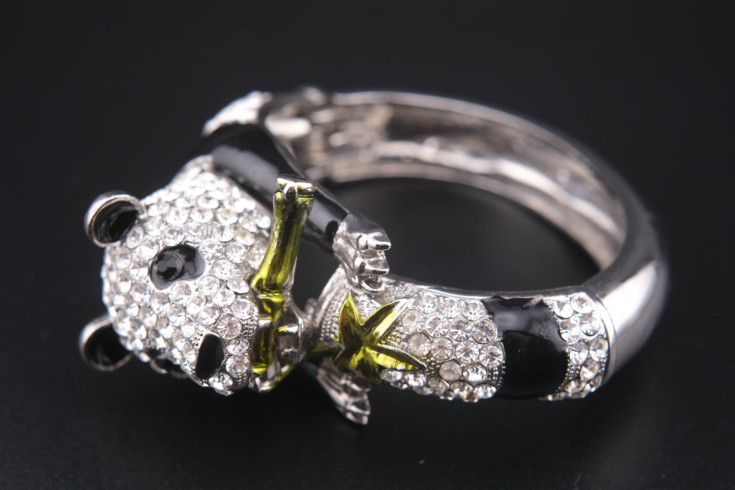 Vintage Rhinestone Panda Bracelet – Enamel Crystal Animal Bangle with Bamboo – Whimsical Avant Garde Jewelry