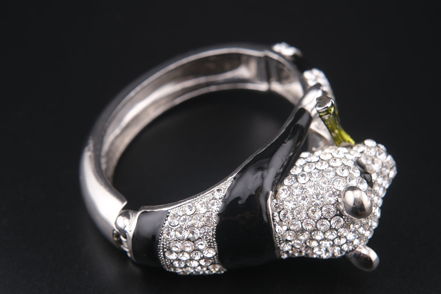 Vintage Rhinestone Panda Bracelet – Enamel Crystal Animal Bangle with Bamboo – Whimsical Avant Garde Jewelry