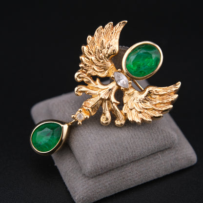 ❤️ Vintage Grossé Germany Gold Tone Phoenix Brooch with Green Glass Drops