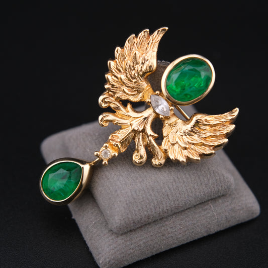 ❤️ Vintage Grossé Germany Gold Tone Phoenix Brooch with Green Glass Drops
