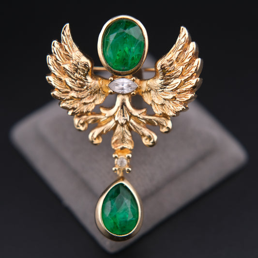 ❤️ Vintage Grossé Germany Gold Tone Phoenix Brooch with Green Glass Drops