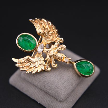 ❤️ Vintage Grossé Germany Gold Tone Phoenix Brooch with Green Glass Drops