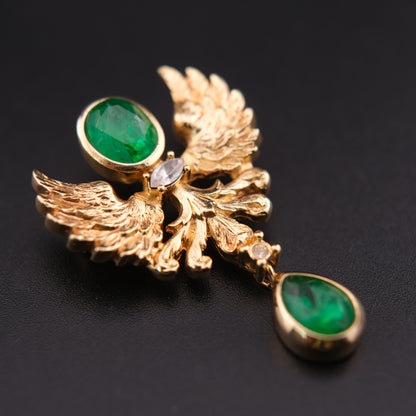 ❤️ Vintage Grossé Germany Gold Tone Phoenix Brooch with Green Glass Drops