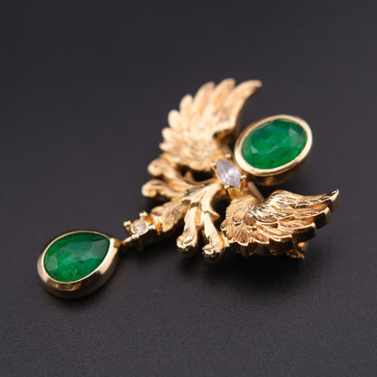 ❤️ Vintage Grossé Germany Gold Tone Phoenix Brooch with Green Glass Drops