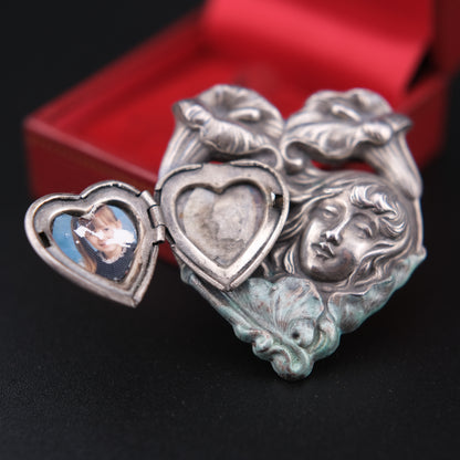Vintage Art Nouveau Maiden & Heart Locket Brooch with Calla Lilies – Pewter Tone