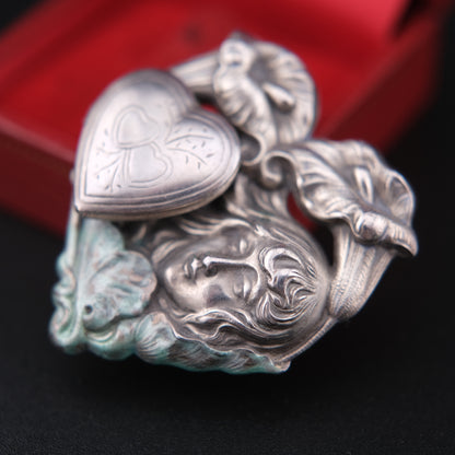 Vintage Art Nouveau Maiden & Heart Locket Brooch with Calla Lilies – Pewter Tone