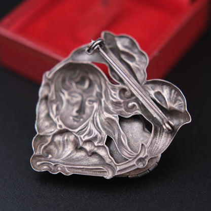 Vintage Art Nouveau Maiden & Heart Locket Brooch with Calla Lilies – Pewter Tone