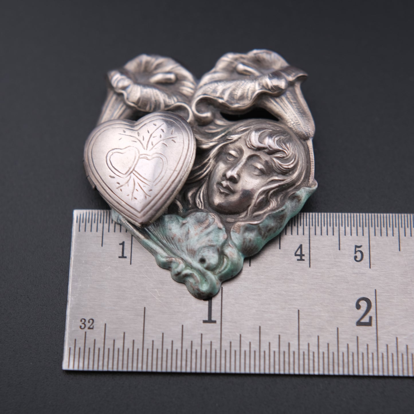 Vintage Art Nouveau Maiden & Heart Locket Brooch with Calla Lilies – Pewter Tone