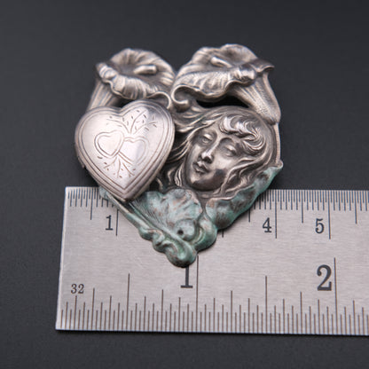 Vintage Art Nouveau Maiden & Heart Locket Brooch with Calla Lilies – Pewter Tone