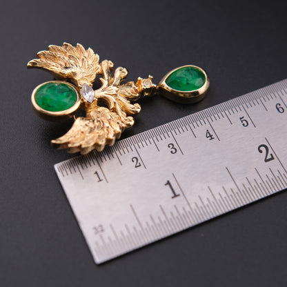 ❤️ Vintage Grossé Germany Gold Tone Phoenix Brooch with Green Glass Drops