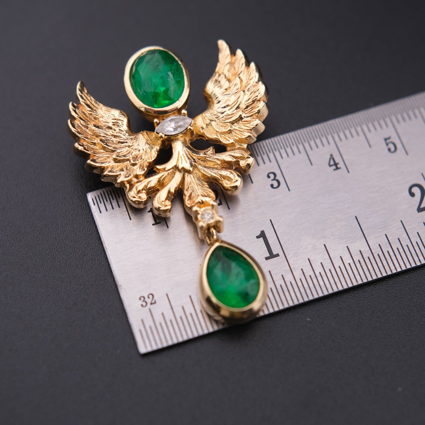 ❤️ Vintage Grossé Germany Gold Tone Phoenix Brooch with Green Glass Drops