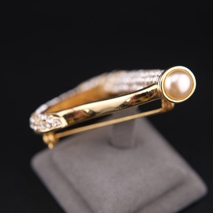 ❤️ Vintage Gold Tone Rhinestone Harp Brooch with Faux Pearl Accent