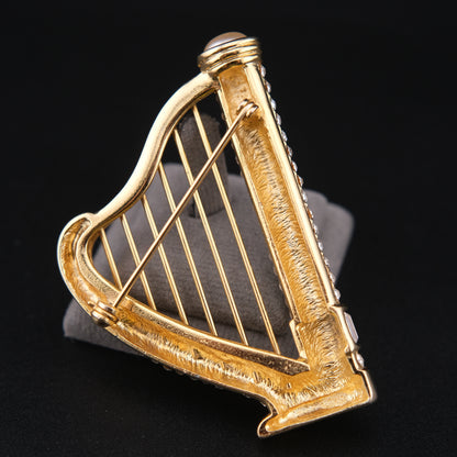 ❤️ Vintage Gold Tone Rhinestone Harp Brooch with Faux Pearl Accent