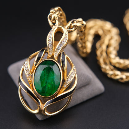 ❤️ Vintage Grossé Germany Green Glass & Enamel Pendant Necklace