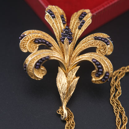 Vintage Orena Paris Pendant Necklace – Gold-Tone with Purple Bead Accents