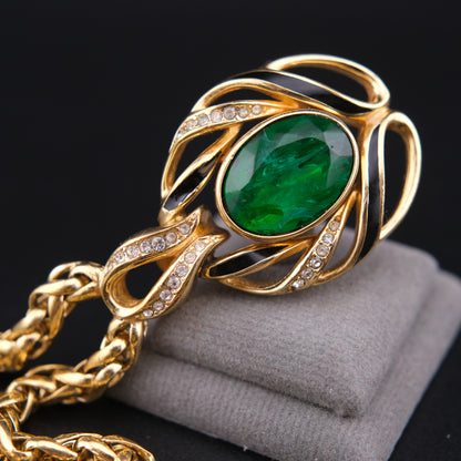 ❤️ Vintage Grossé Germany Green Glass & Enamel Pendant Necklace