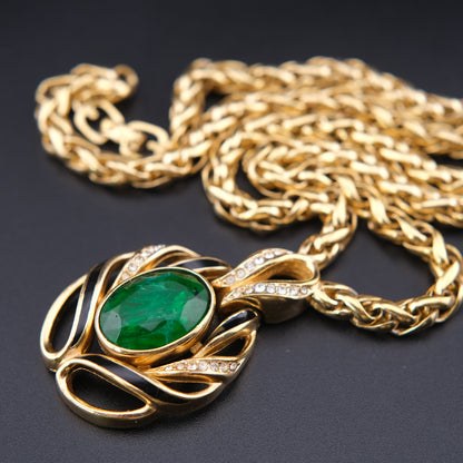 ❤️ Vintage Grossé Germany Green Glass & Enamel Pendant Necklace