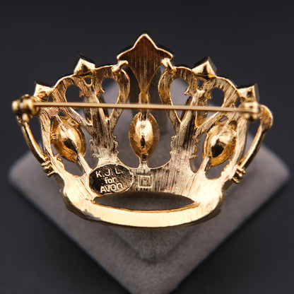 ❤️ Vintage KJL for Avon Crown Brooch Gold Tone Rhinestone Regal Statement Pin