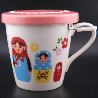 ❤️ Chocoholic Tea Mug with Lid & Infuser – Matryoshka Doll Design