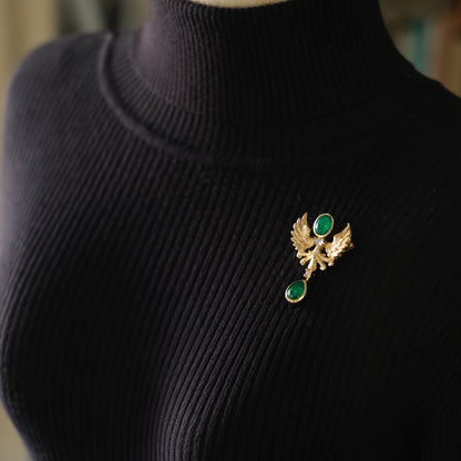 ❤️ Vintage Grossé Germany Gold Tone Phoenix Brooch with Green Glass Drops