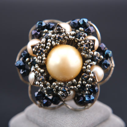 ❤️ Vintage Miriam Haskell Faux Pearl & Bead Cluster Brooch 1.5"
