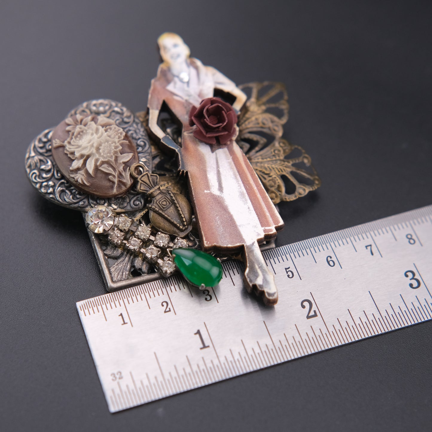❤️ Vintage Assemblage Art Brooch – Remade From Vintage Jewelry Components – Mixed Media Statement Pin