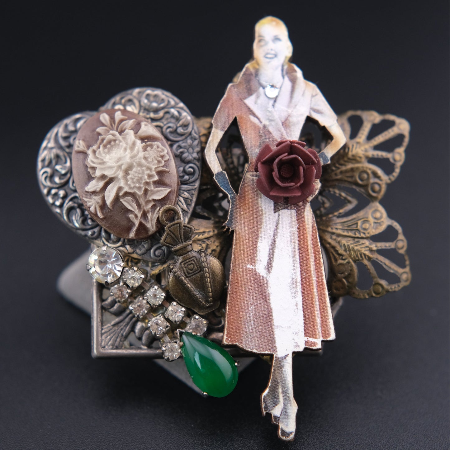 ❤️ Vintage Assemblage Art Brooch – Remade From Vintage Jewelry Components – Mixed Media Statement Pin