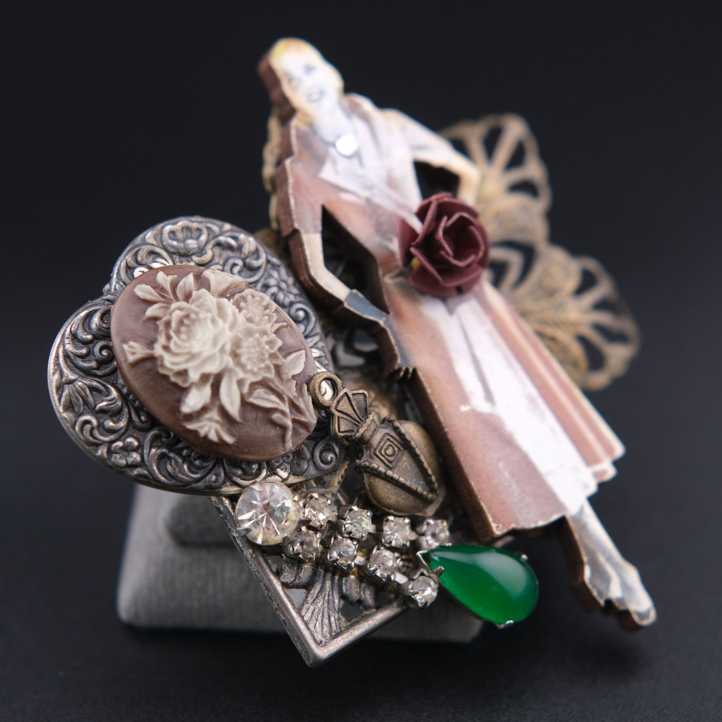 ❤️ Vintage Assemblage Art Brooch – Remade From Vintage Jewelry Components – Mixed Media Statement Pin