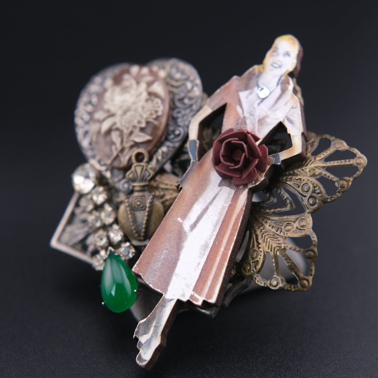 ❤️ Vintage Assemblage Art Brooch – Remade From Vintage Jewelry Components – Mixed Media Statement Pin