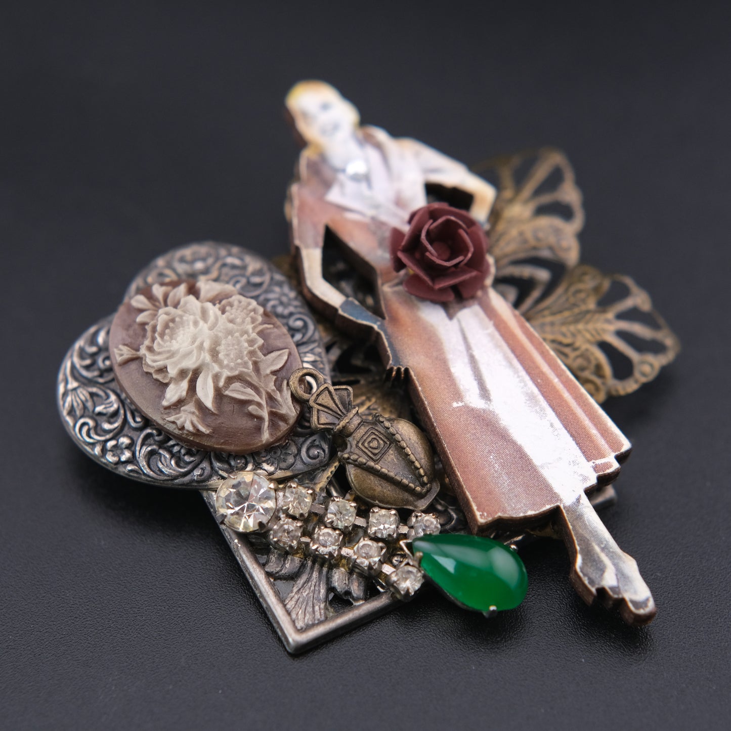 ❤️ Vintage Assemblage Art Brooch – Remade From Vintage Jewelry Components – Mixed Media Statement Pin