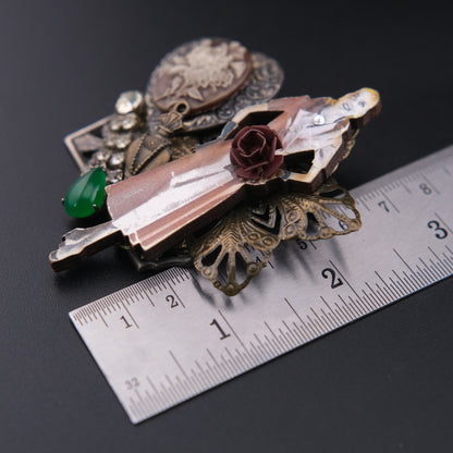 ❤️ Vintage Assemblage Art Brooch – Remade From Vintage Jewelry Components – Mixed Media Statement Pin