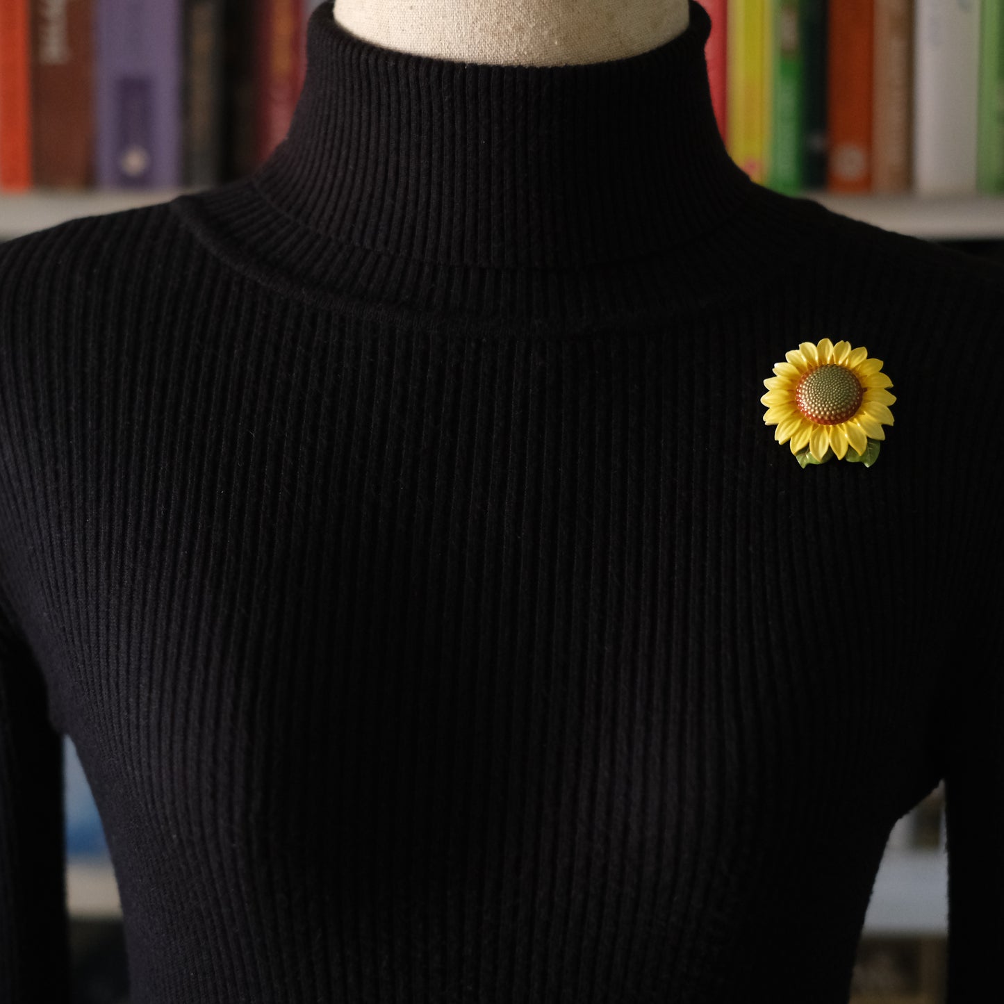 Vintage Toshikane Japan Porcelain Sunflower Brooch with Green Leaf Accent