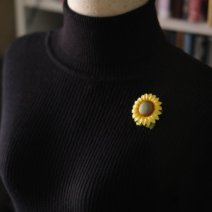 Vintage Toshikane Japan Porcelain Sunflower Brooch with Green Leaf Accent