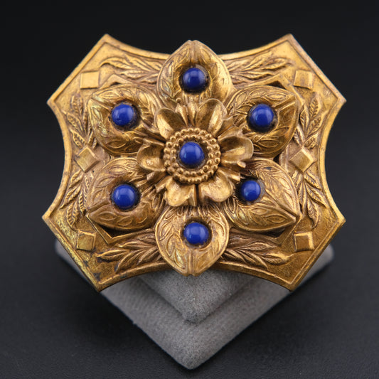❤️ Vintage Brass Floral Brooch with Blue Cabochon Beads, Ornate Etched Design, 2 Inch