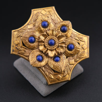❤️ Vintage Brass Floral Brooch with Blue Cabochon Beads, Ornate Etched Design, 2 Inch