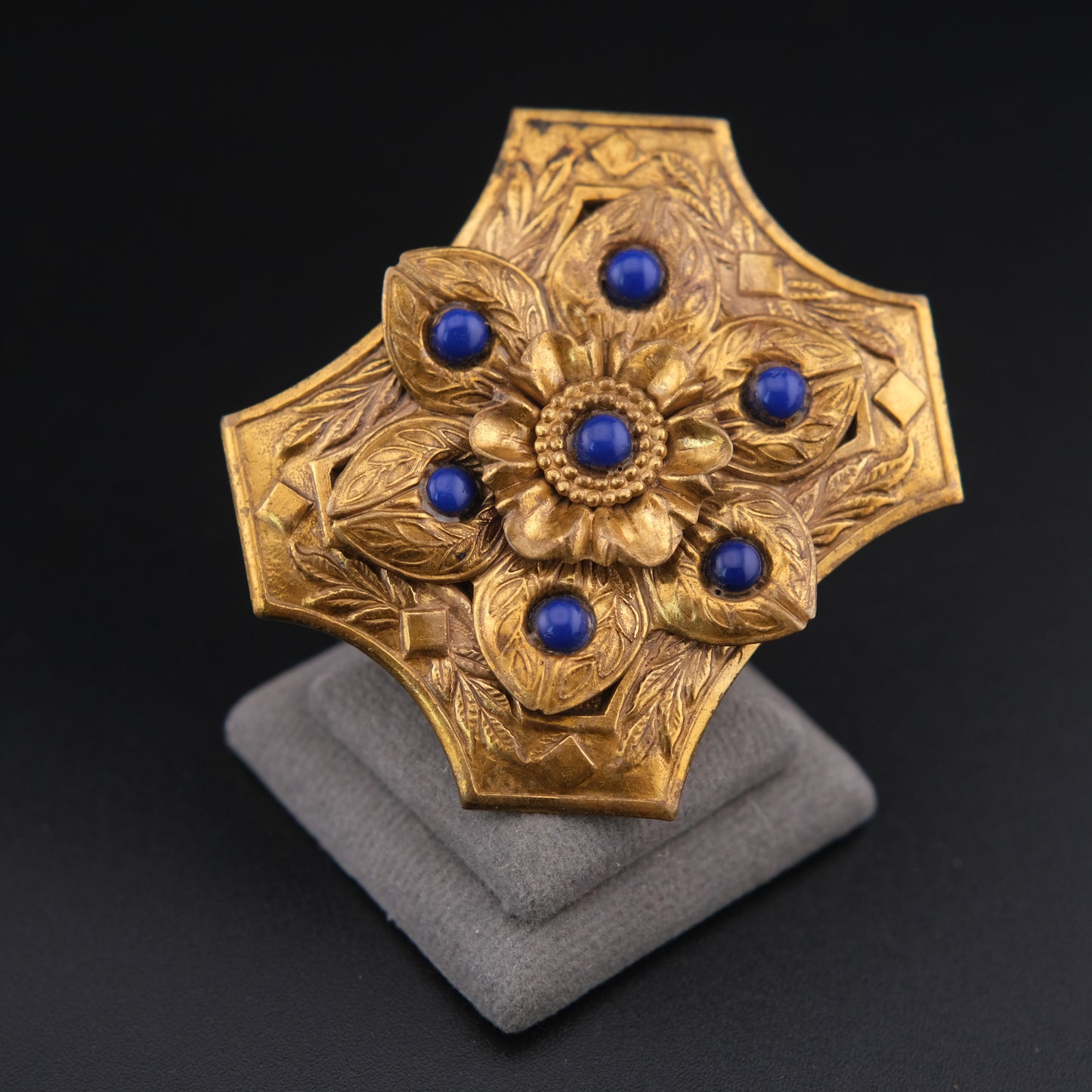 ❤️ Vintage Brass Floral Brooch with Blue Cabochon Beads, Ornate Etched Design, 2 Inch