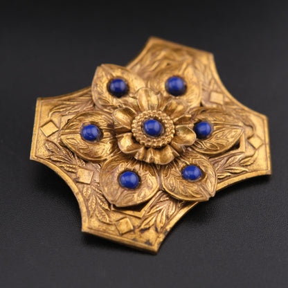 ❤️ Vintage Brass Floral Brooch with Blue Cabochon Beads, Ornate Etched Design, 2 Inch