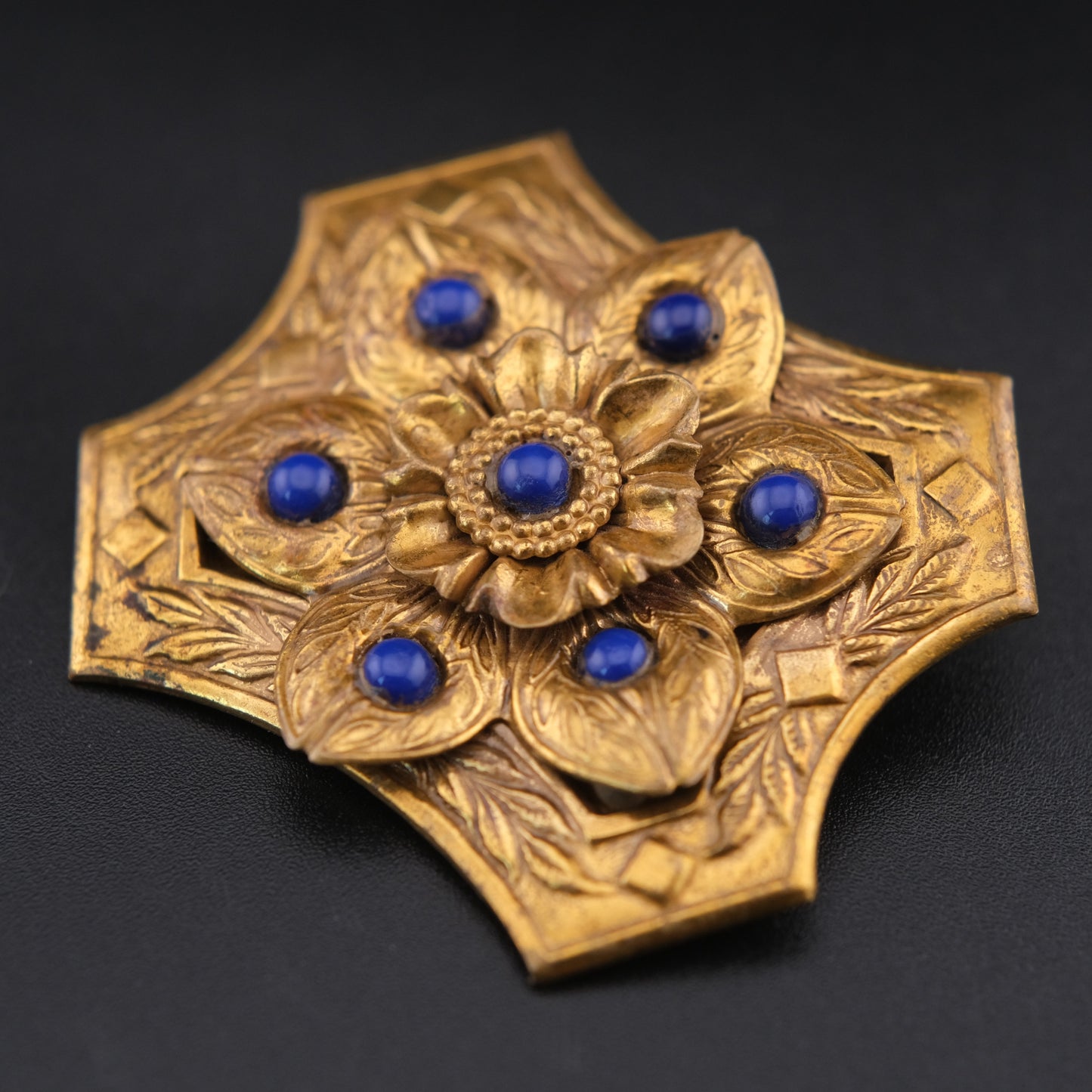 ❤️ Vintage Brass Floral Brooch with Blue Cabochon Beads, Ornate Etched Design, 2 Inch