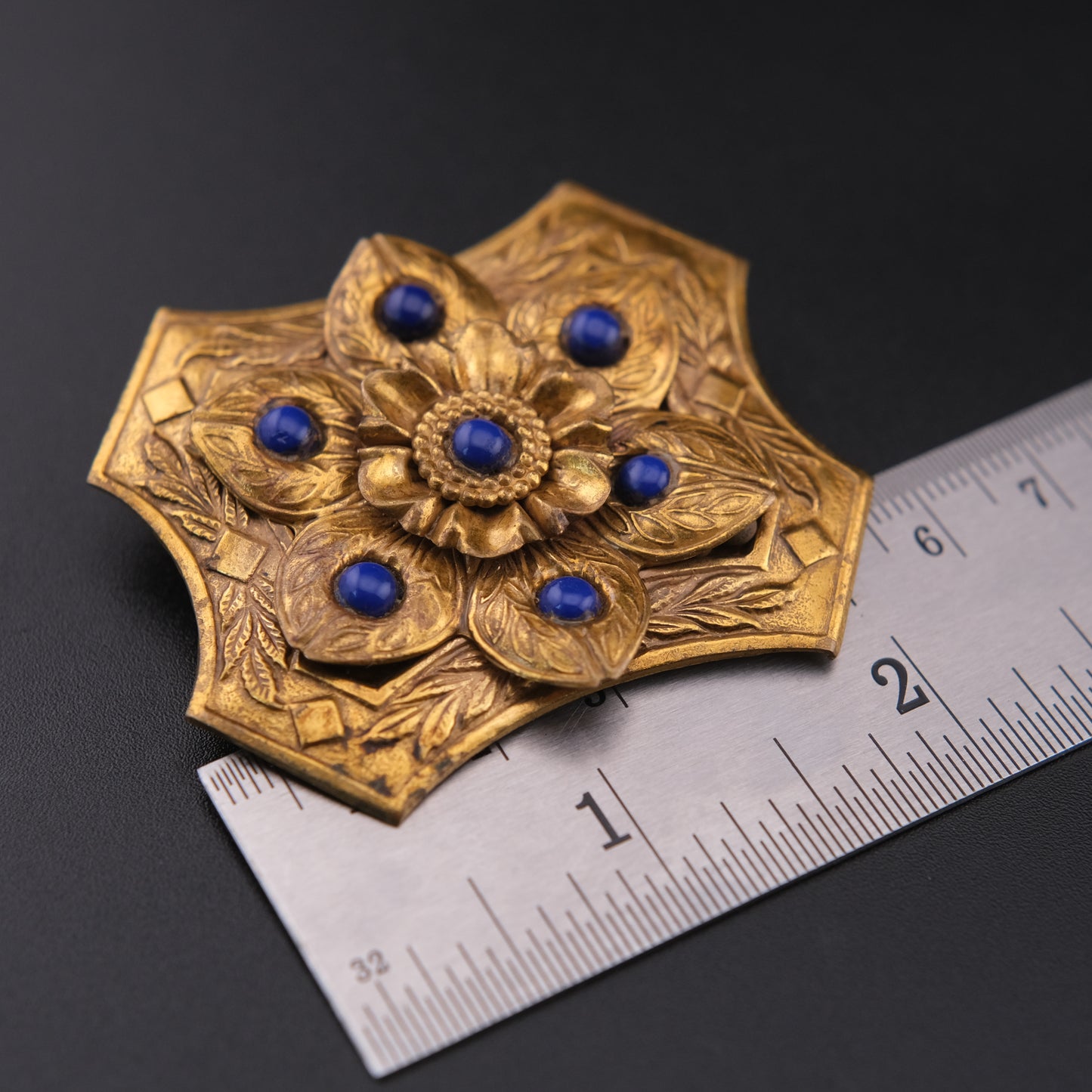 ❤️ Vintage Brass Floral Brooch with Blue Cabochon Beads, Ornate Etched Design, 2 Inch
